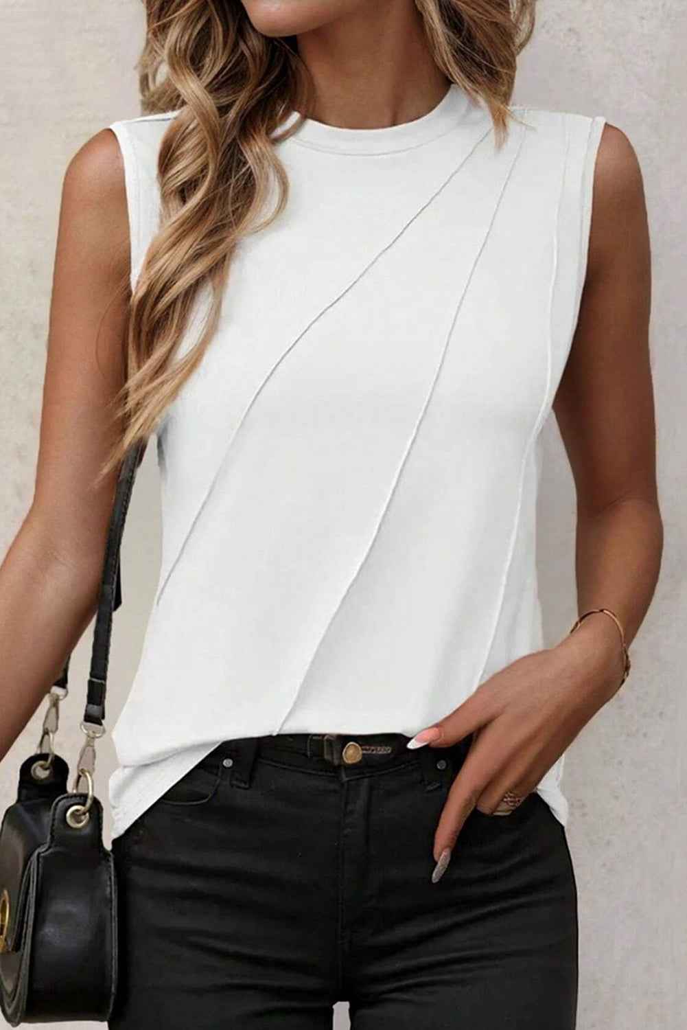 White Pleated Women's Top - Solid Color Crew Neck Design