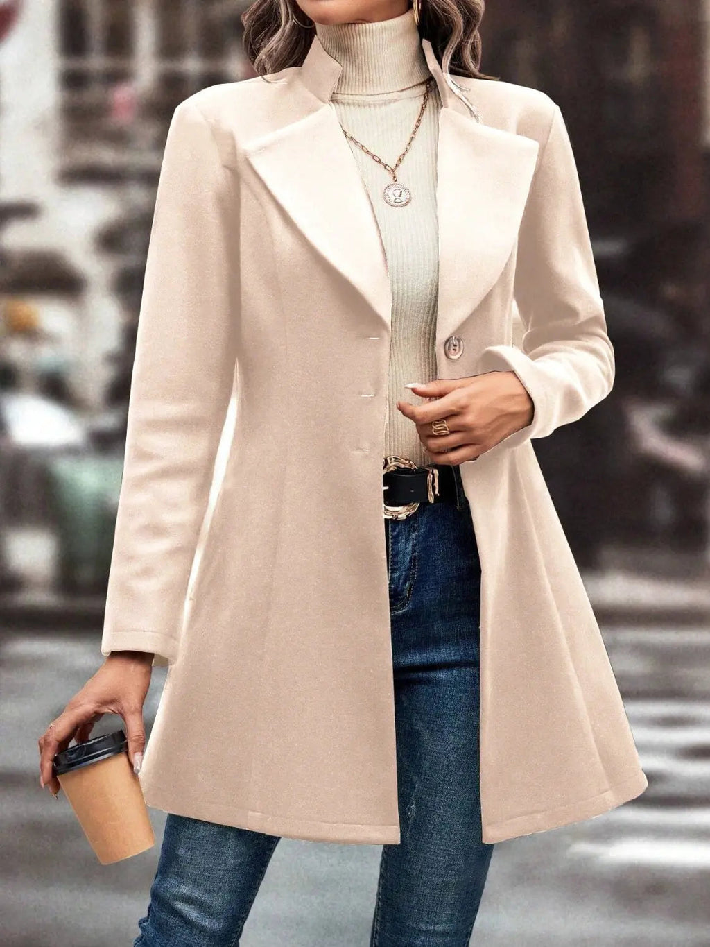 Collared Neck Long Sleeve Womens Longline Coat