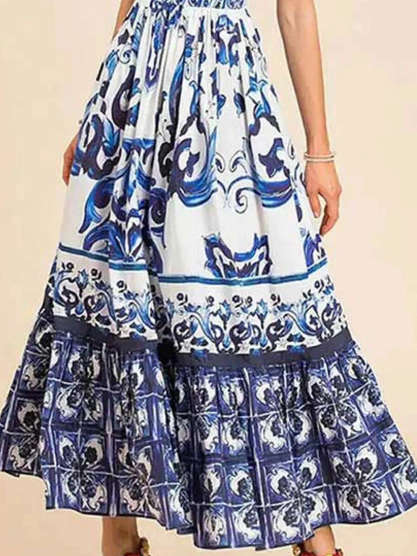 Full Size Boho Printed Sweetheart Neck Maxi Cami Dress