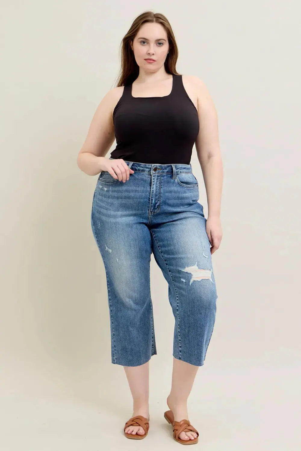 Plus Size High Waist Back Destroy & Raw Cut Hem Crop Wide Leg Judy Blue Jeans