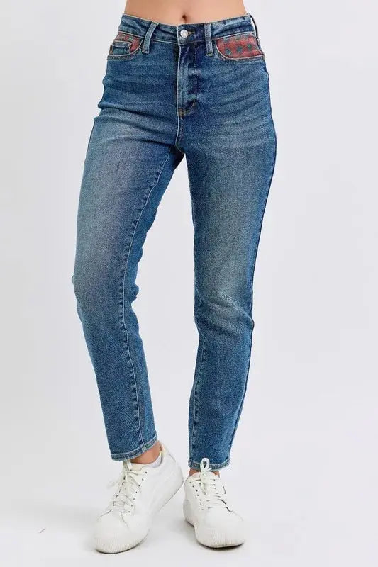 Plus Size High Waist Plaid Patch Slim Fit Judy Blue Jeans