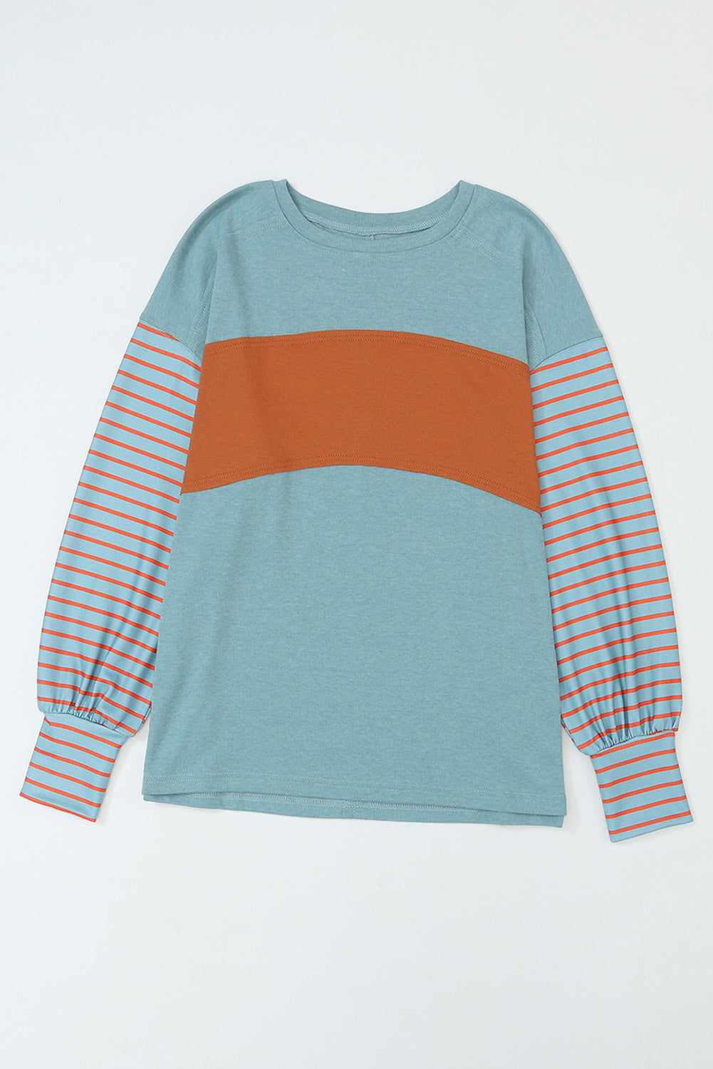 Green Colorblock Striped Bishop Sleeve Top with Side Slits Women's Top
