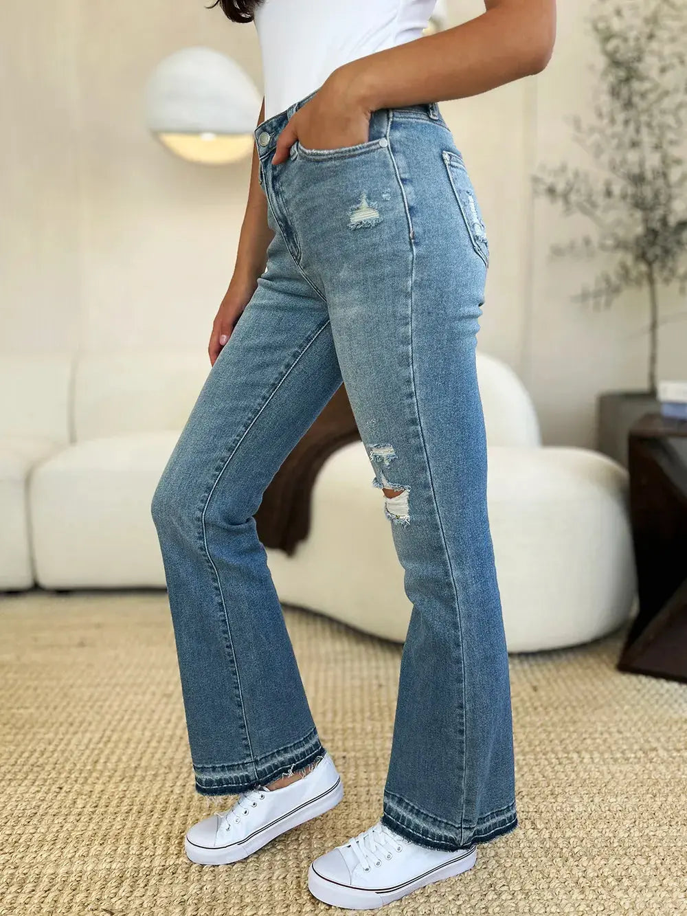 Full Size Mid Rise Destroyed Hem Distressed Judy Blue Jeans
