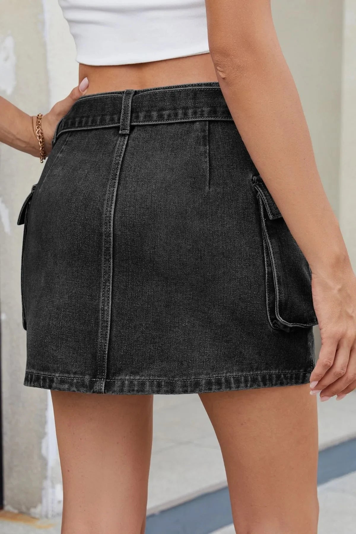 Criss-Cross Waist Pocketed Denim Mini Skirt