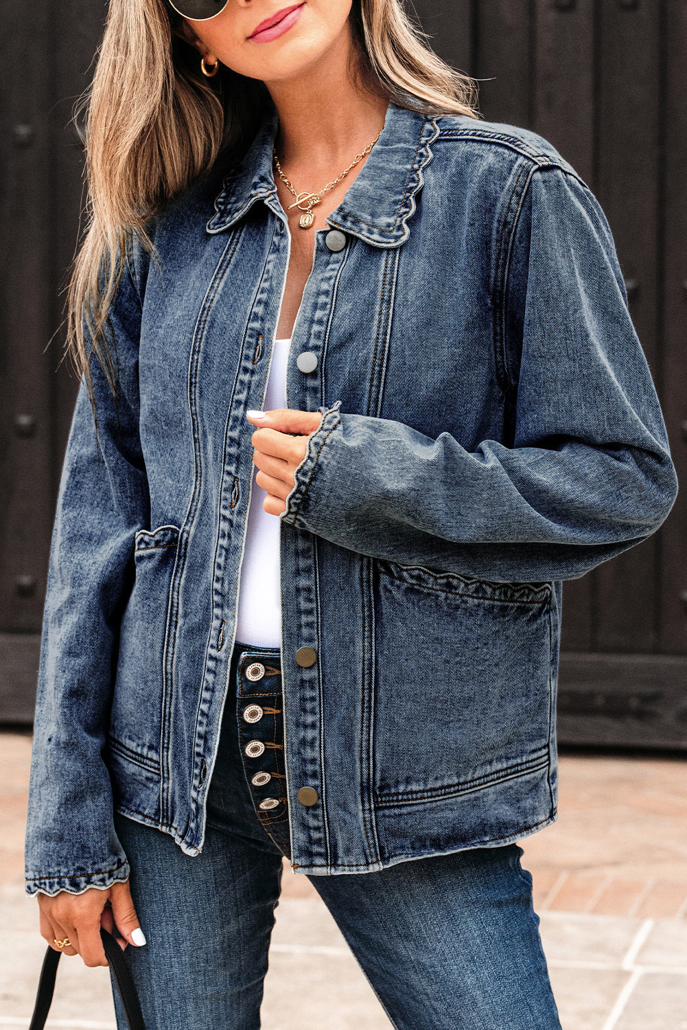Solid Denim Scallop Collar Patch Pocket Buttoned Jacket