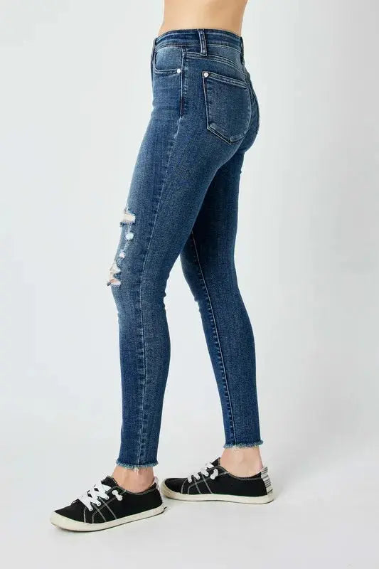 Full Size High Waist Distressed Skinny Leg Judy Blue Jeans