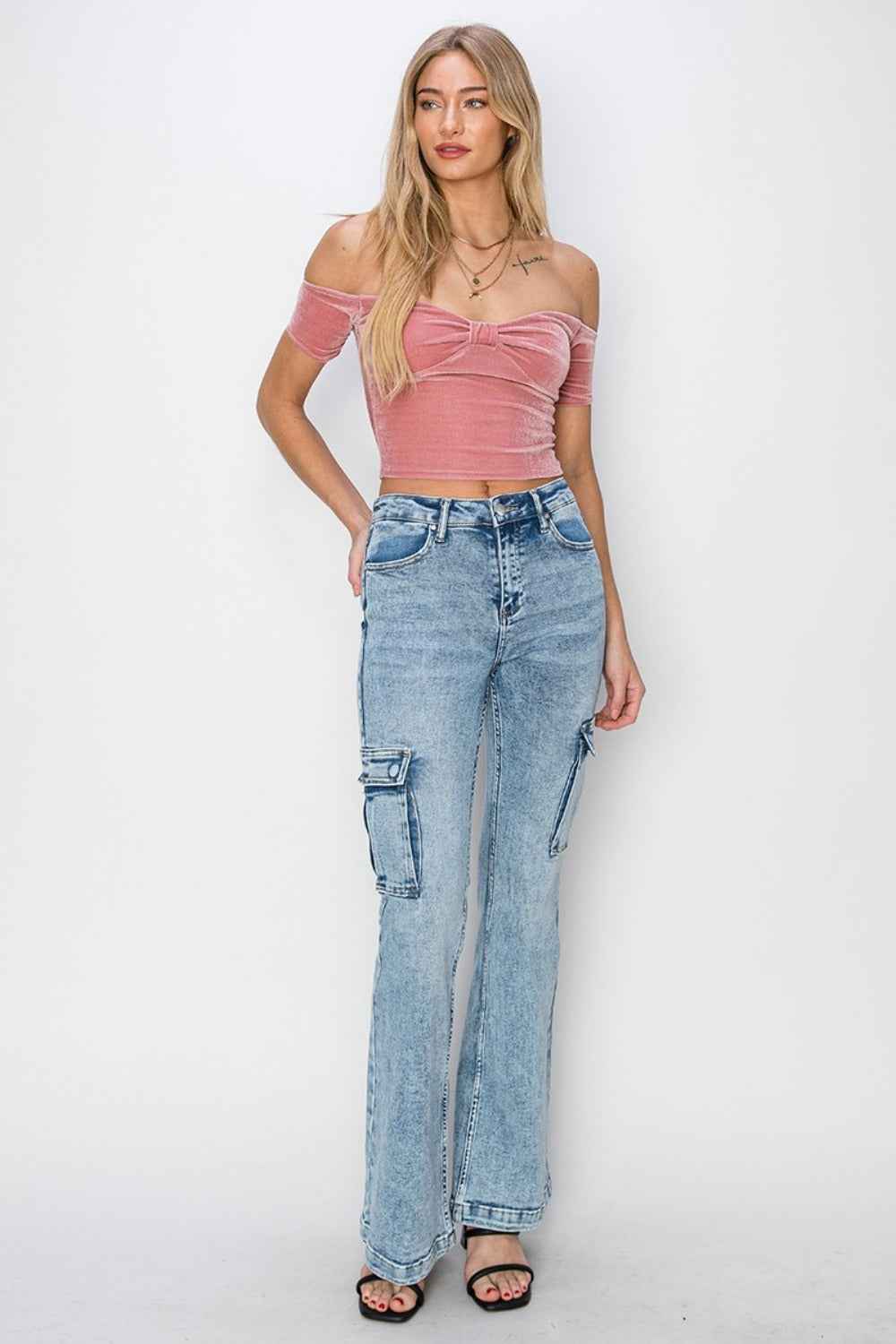 RISEN Full Size High Rise Cargo Flare Jeans for Women