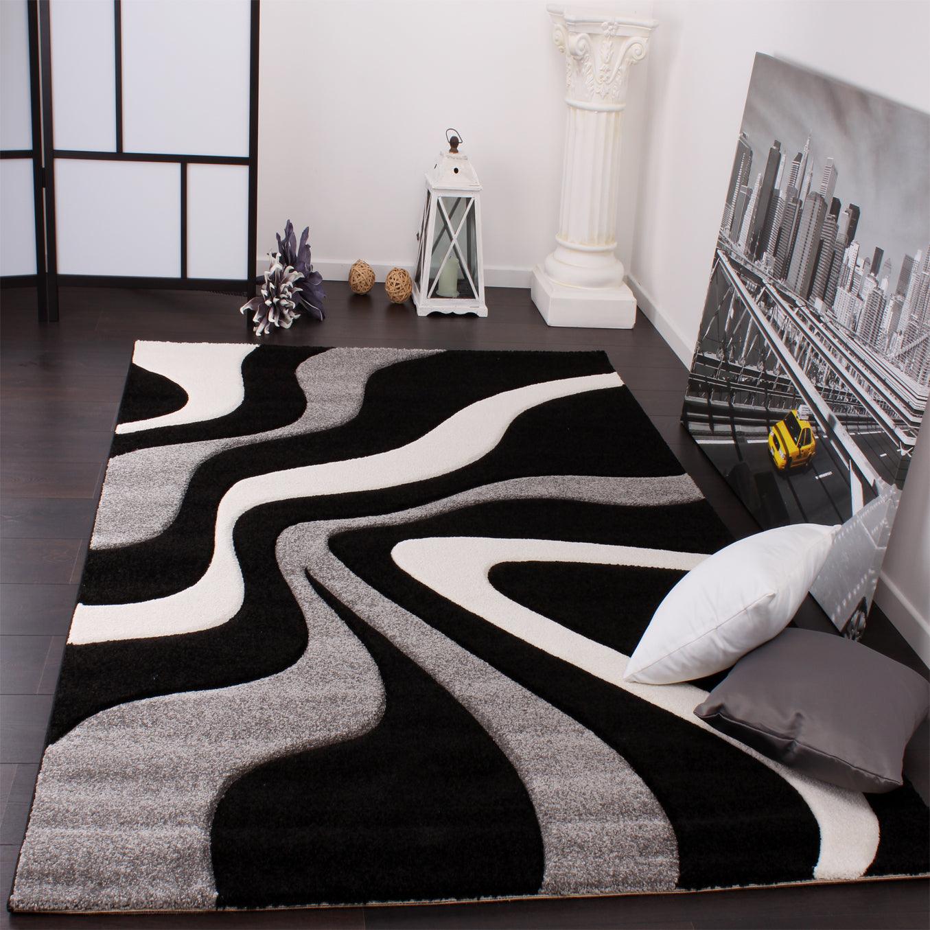Designer Area Rug with Contour Cut and Modern Wave Pattern