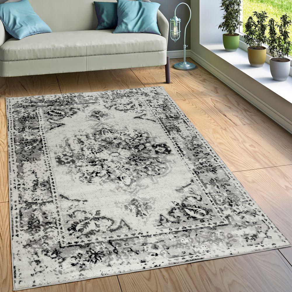 Designer Rug Short-Pile Living Room Vintage Look Modern In Grey Cream