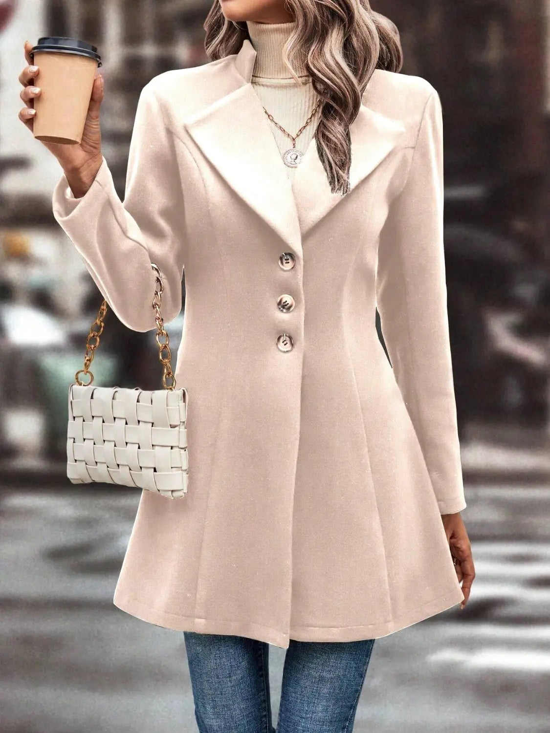 Collared Neck Long Sleeve Womens Longline Coat
