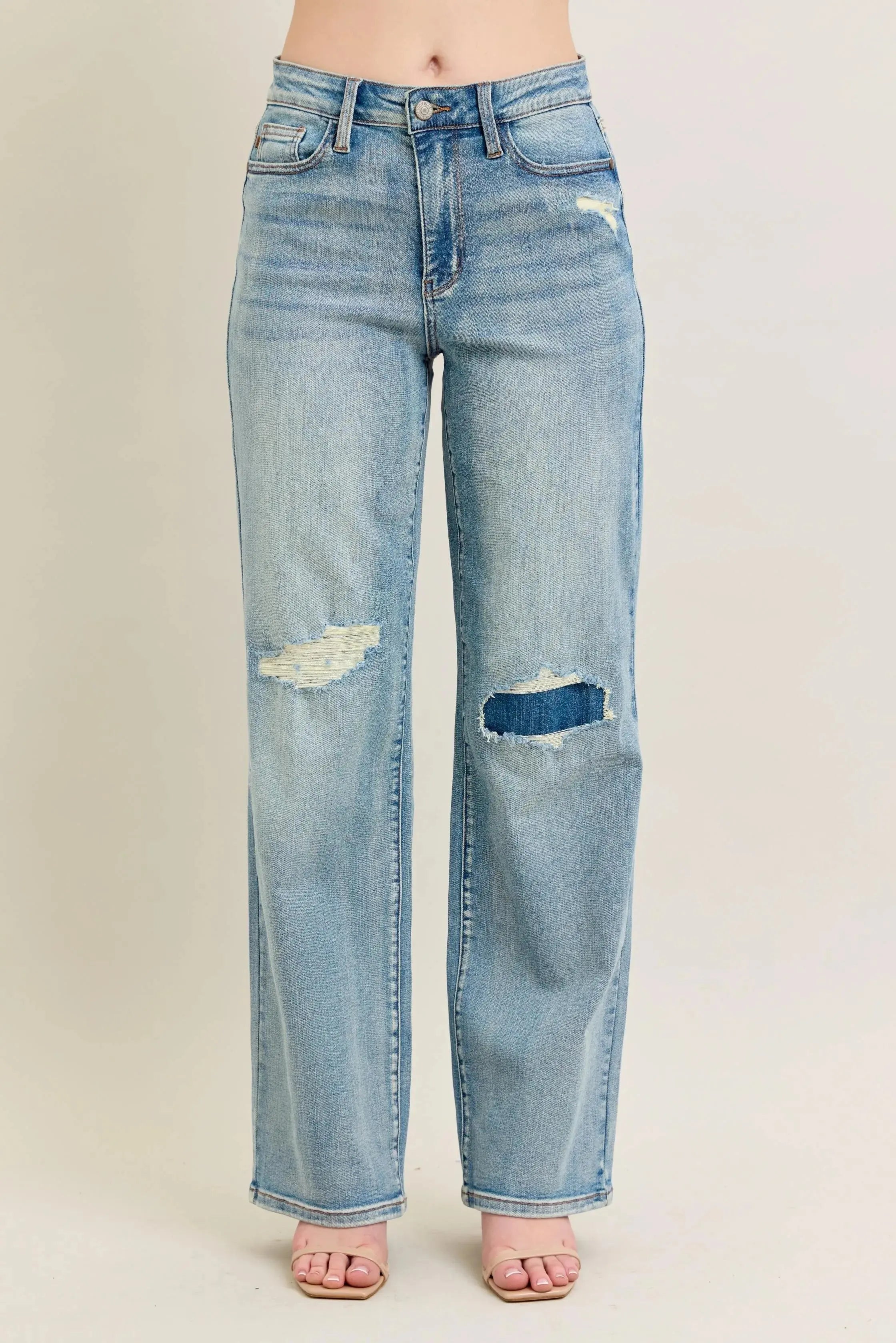 Judy Blue Jeans -Plus Size High Waist Destroy & Knee Patch Straight Leg