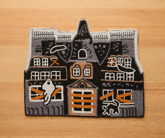 Haunted House Beaded Placemat – Handmade Halloween Table Mat – Spooky Ghost Cat Decor – Gothic Fall Dining Accent