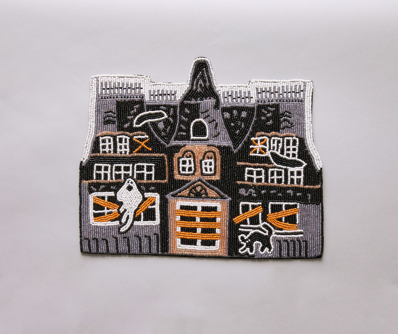 Haunted House Beaded Placemat – Handmade Halloween Table Mat – Spooky Ghost Cat Decor – Gothic Fall Dining Accent