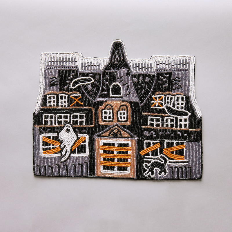 Haunted House Beaded Placemat – Handmade Halloween Table Mat – Spooky Ghost Cat Decor – Gothic Fall Dining Accent