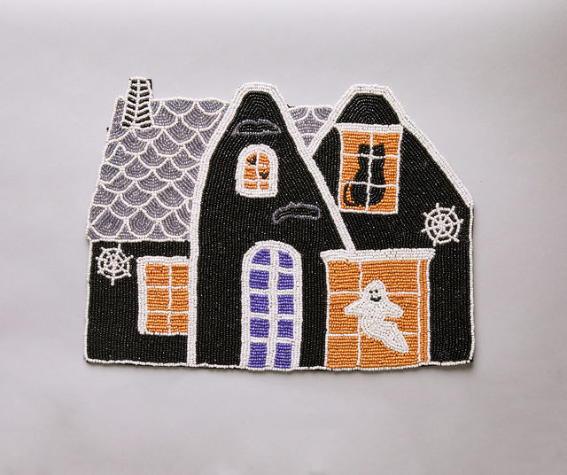 Haunted House Beaded Placemat Velvet Backing Handmade Halloween Table Decor Spooky Black Cat Ghost Mat Holiday Centerpiece