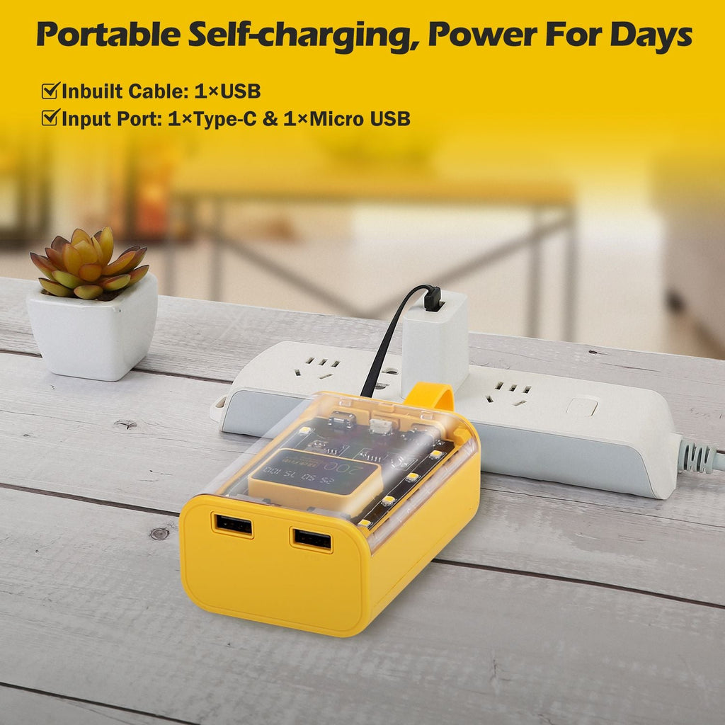 20000mAh Transparent Power Bank Portable Mini Phone Charger External Battery Pack with 3 Inbuilt Cables 4 Light Modes Digital Display Handle