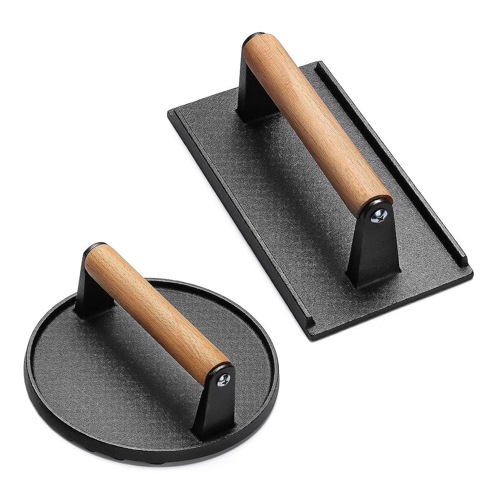 2-Piece Cast Iron Grill Press Set – Round & Rectangular Meat Smasher