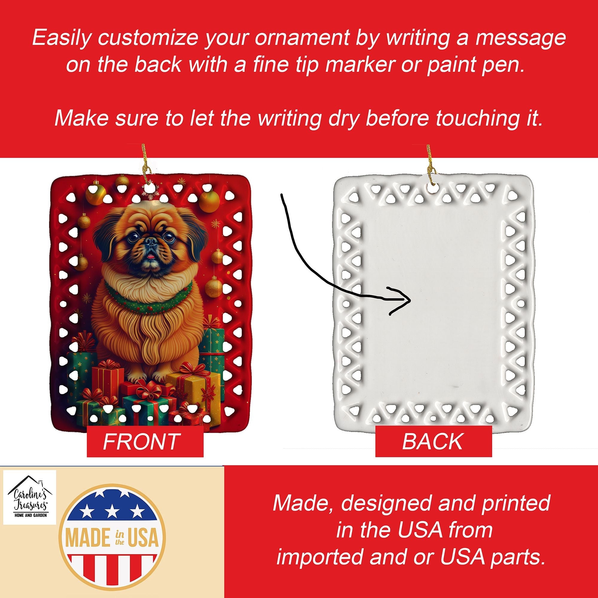 Pekingese Holiday Christmas Porcelain Ornament Christmas Tree Hanging Decorations for Home Christmas Holiday, Rectangle, Gift, Multicolor