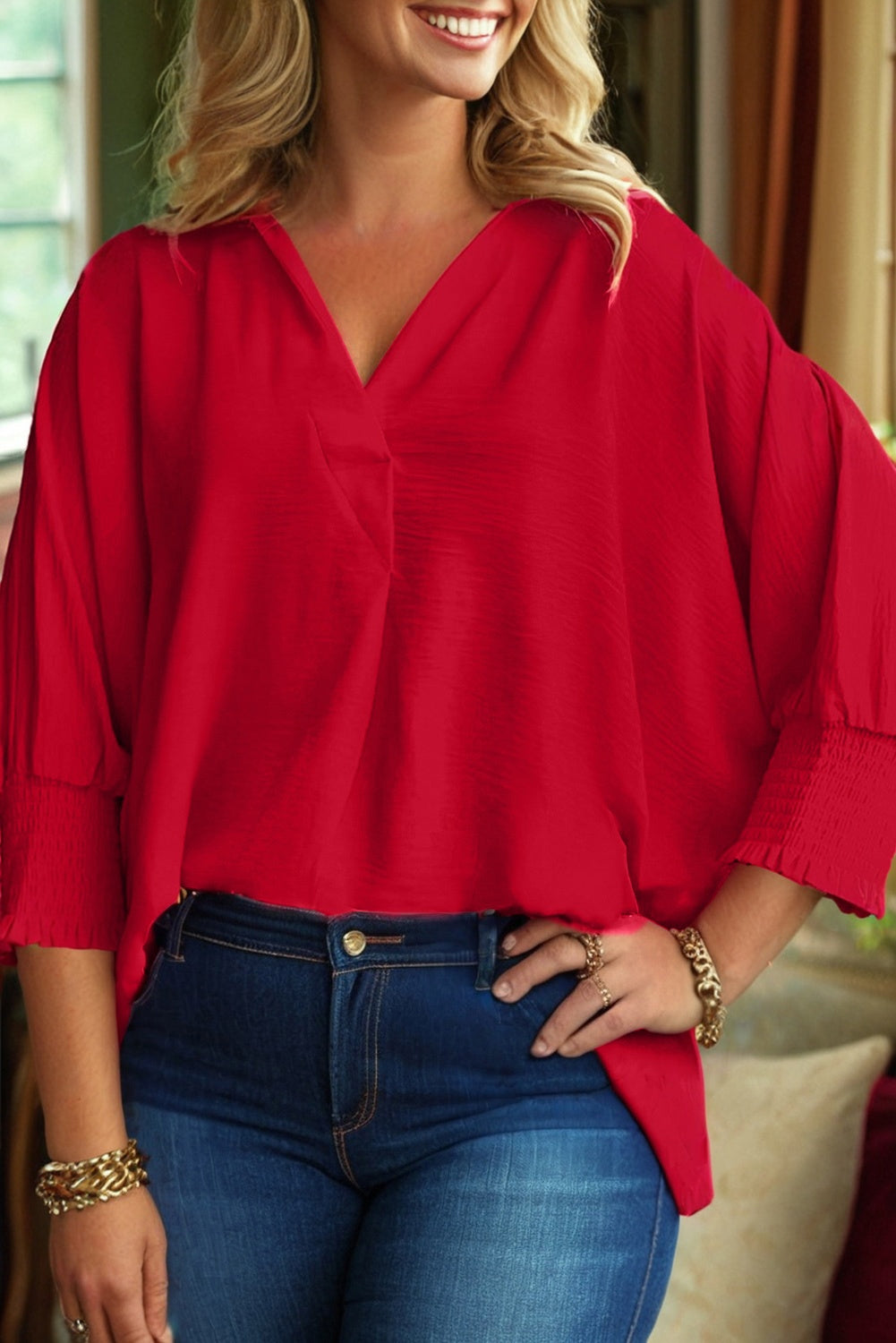 Plus Size Solid Collared V-Neck Smocked 3/4 Sleeve Top