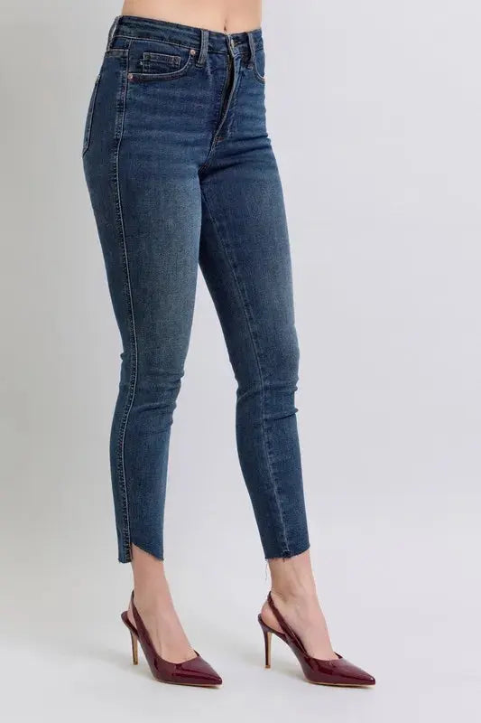 Full Size High Waist Tummy Control Step Hem Skinny Judy Blue Jeans