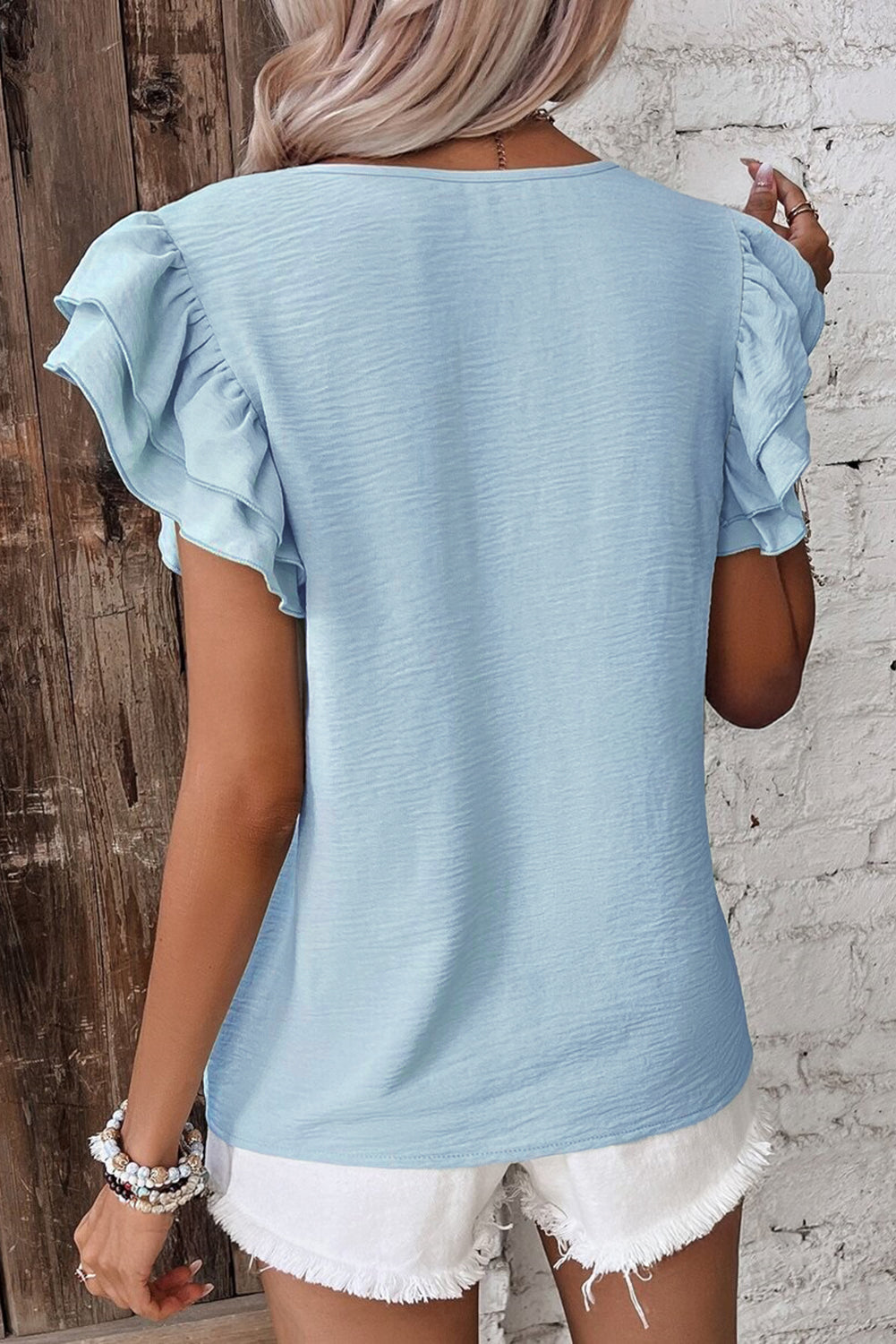 Aqua Ruffle Sleeve Blouse - Clearly Aqua Solid Color Crinkled Top