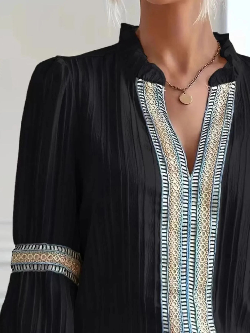Textured Notched Balloon Sleeve Elegant Blouse
