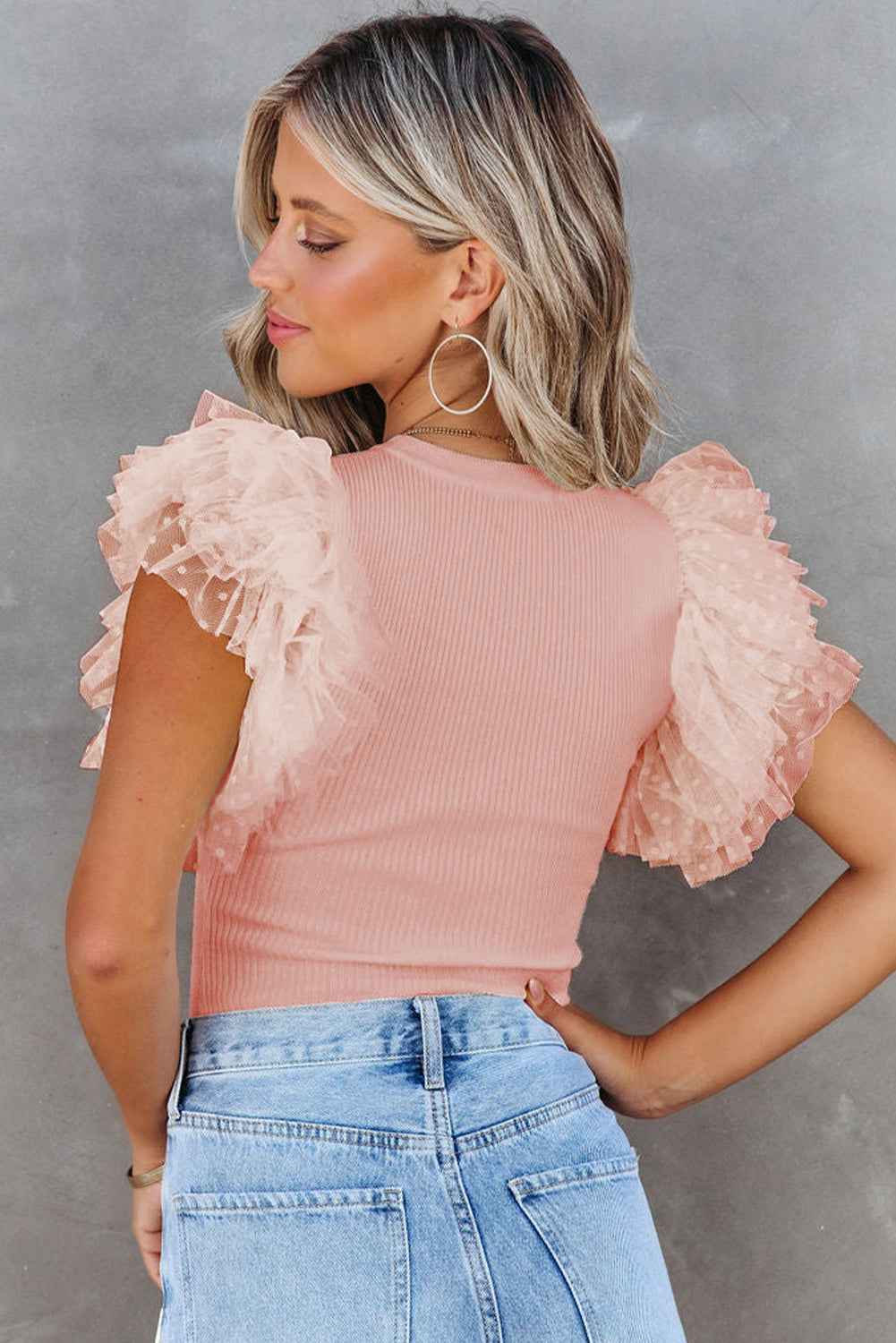 Pink Ruffle Knit Blouse - Casual Dotty Layered Ruffle Ribbed Knit Women's Top