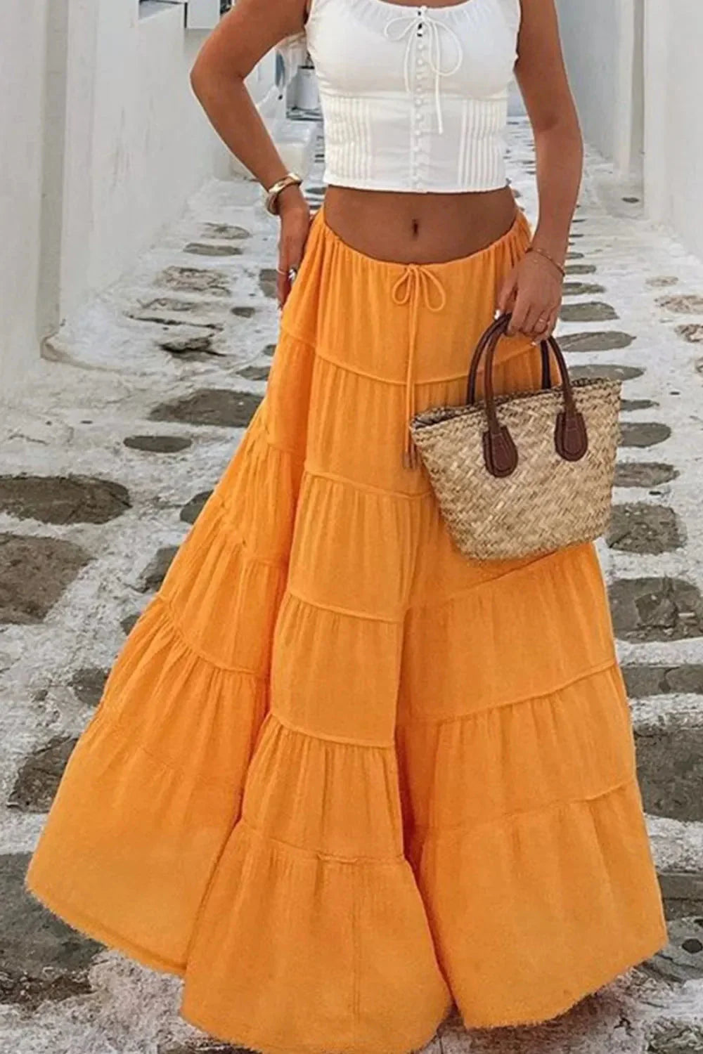 Boho Tiered Maxi Skirt with Drawstring Waist