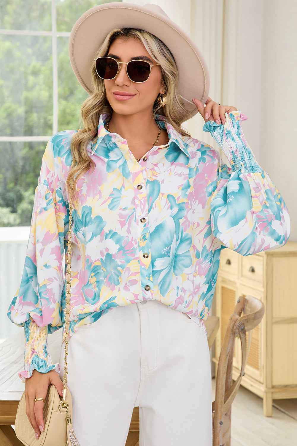Yellow Floral Oversized Shirt with Shirred Cuffs - Women's Blouse