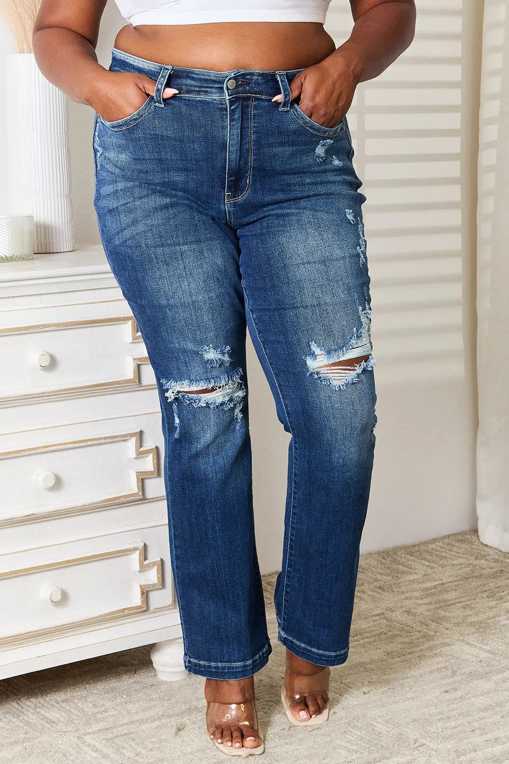 Full Size Mid Rise Hand Sand & Destroy Bootcut Judy Blue Jeans