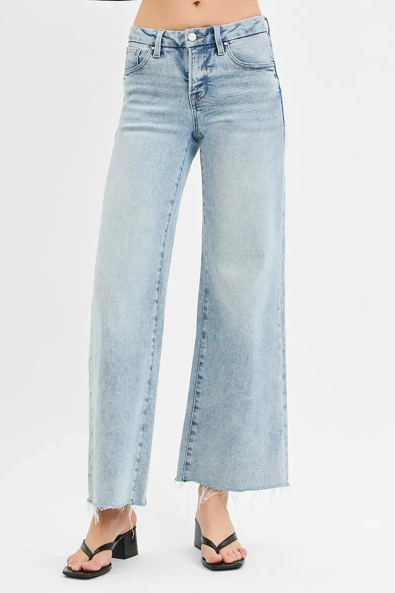 Full Size Tummy Control Low Rise Wide Leg Raw Cut Hem RISEN Jeans