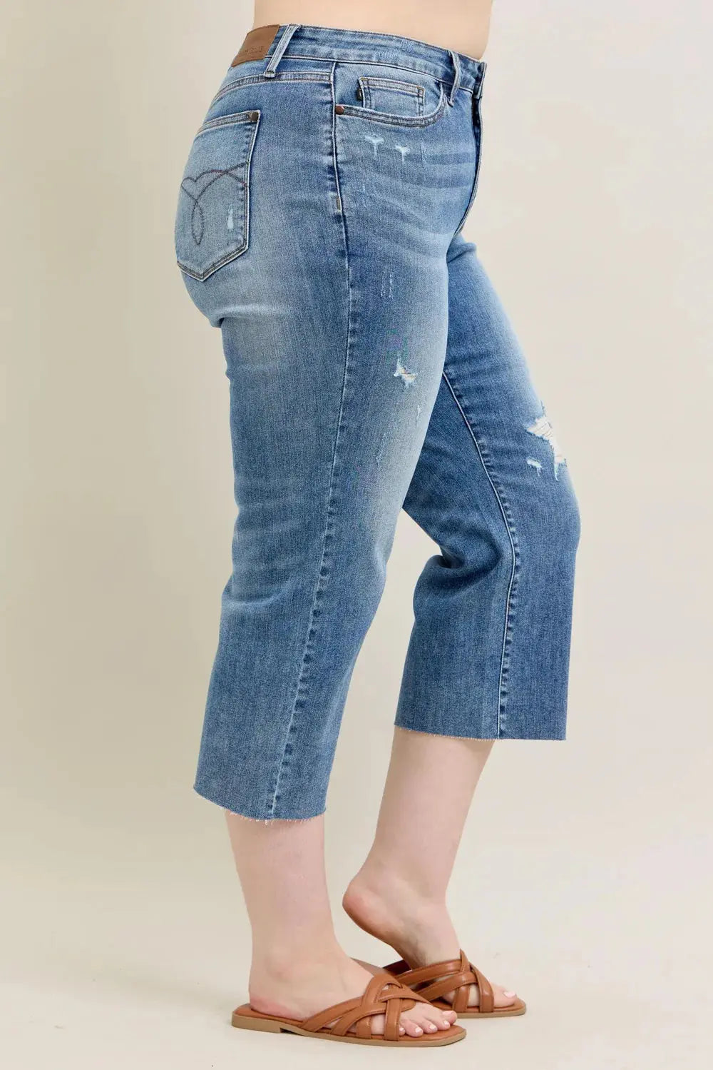 Plus Size High Waist Back Destroy & Raw Cut Hem Crop Wide Leg Judy Blue Jeans