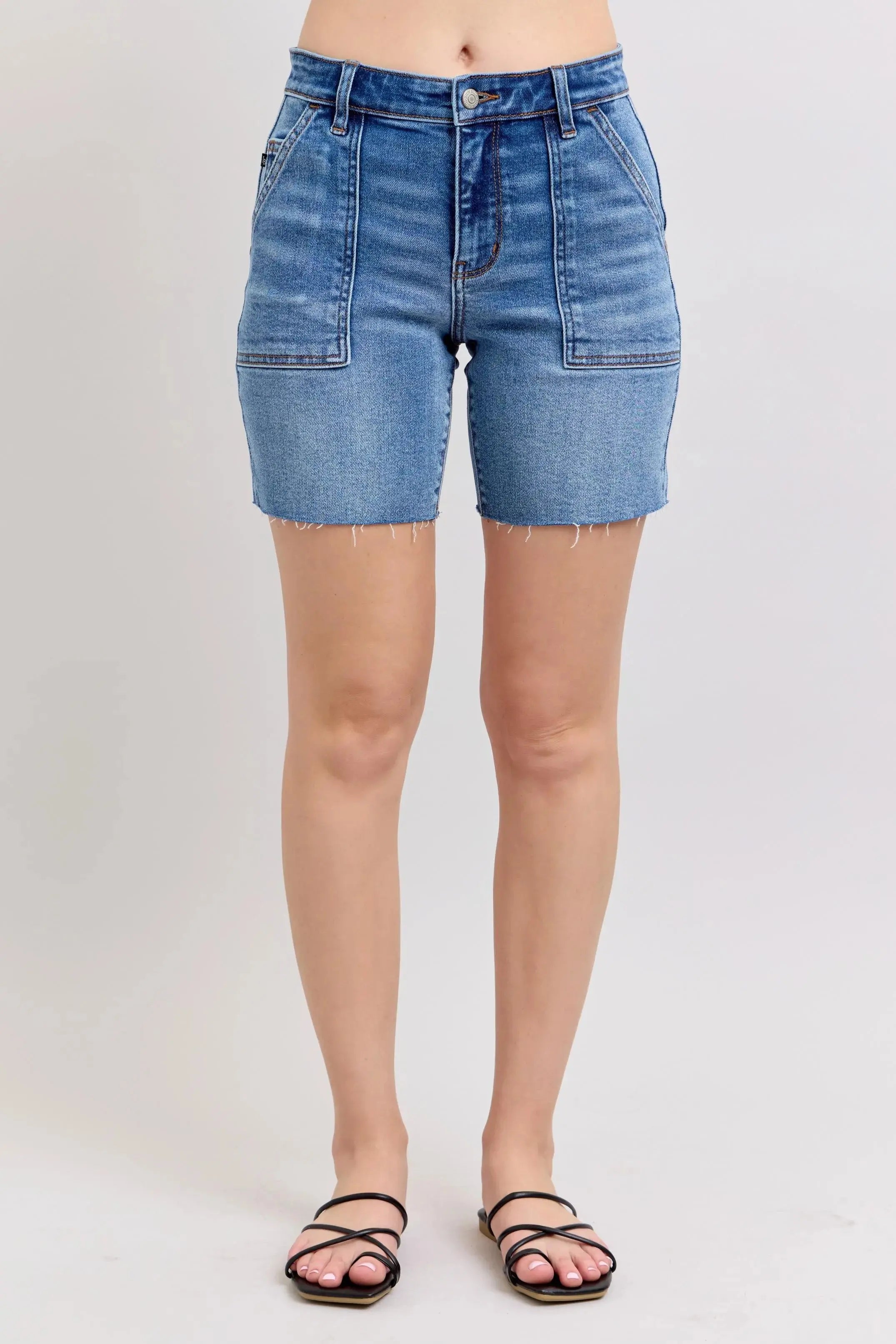 Judy Blue Jeans - Full Size Mid Rise Bermuda Denim Shorts w/ Back Flap Pockets
