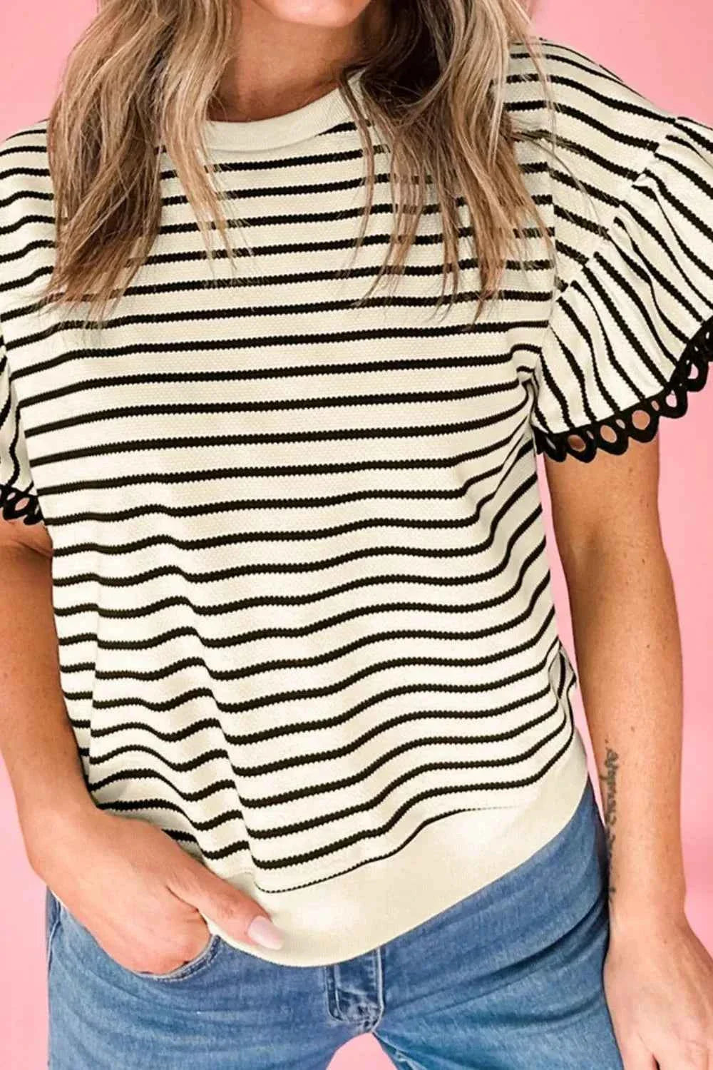 Striped Ruffle Sleeve Blouse with Round Neck