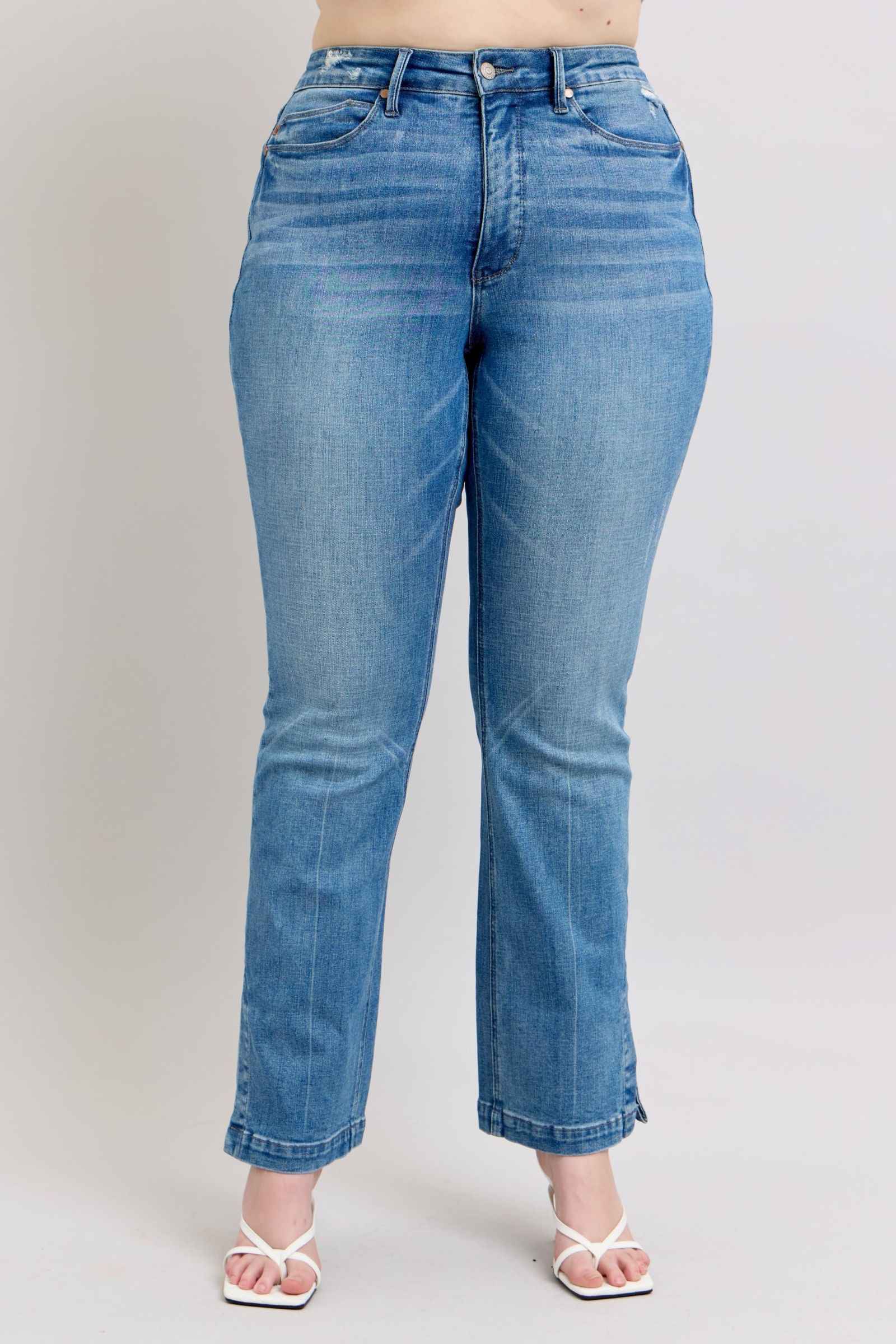 Judy Blue Tummy Control Bootcut Jeans with Vintage Wash and Side Slit Women's Jeans