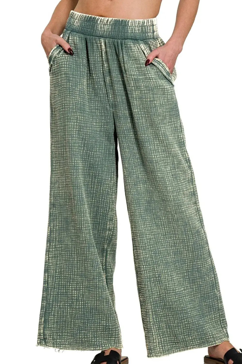 Zenana Jade Washed Cotton Gauze Wide Leg Palazzo Pants