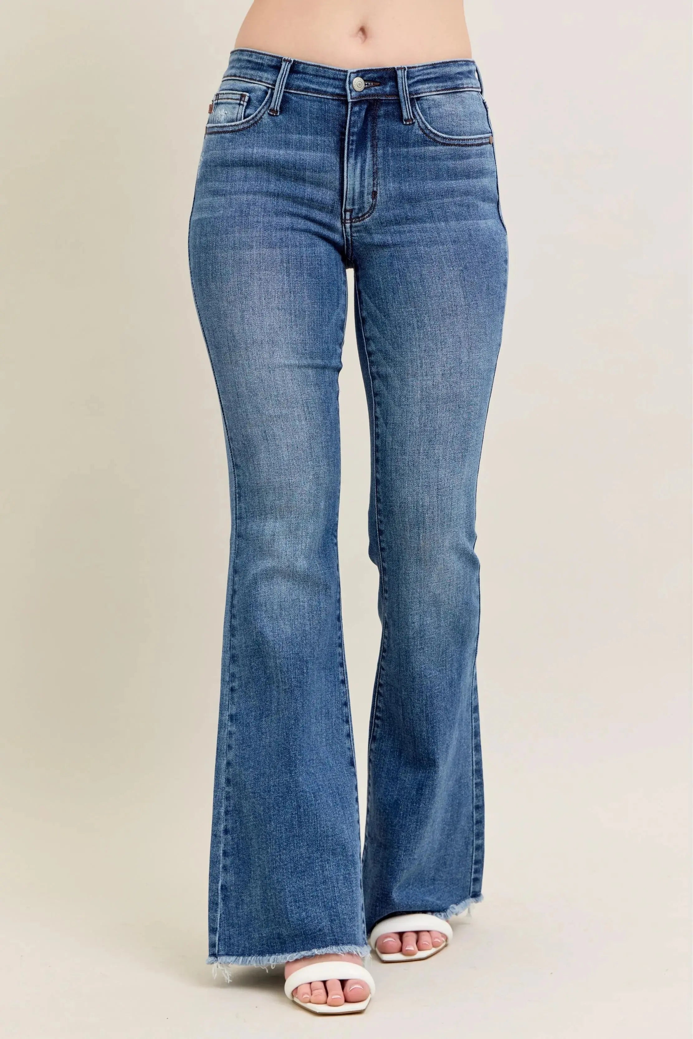 Full Size/Plus Size Mr Vintage Wash Flare Judy Blue Jeans w/ Destroy and Fray Hem