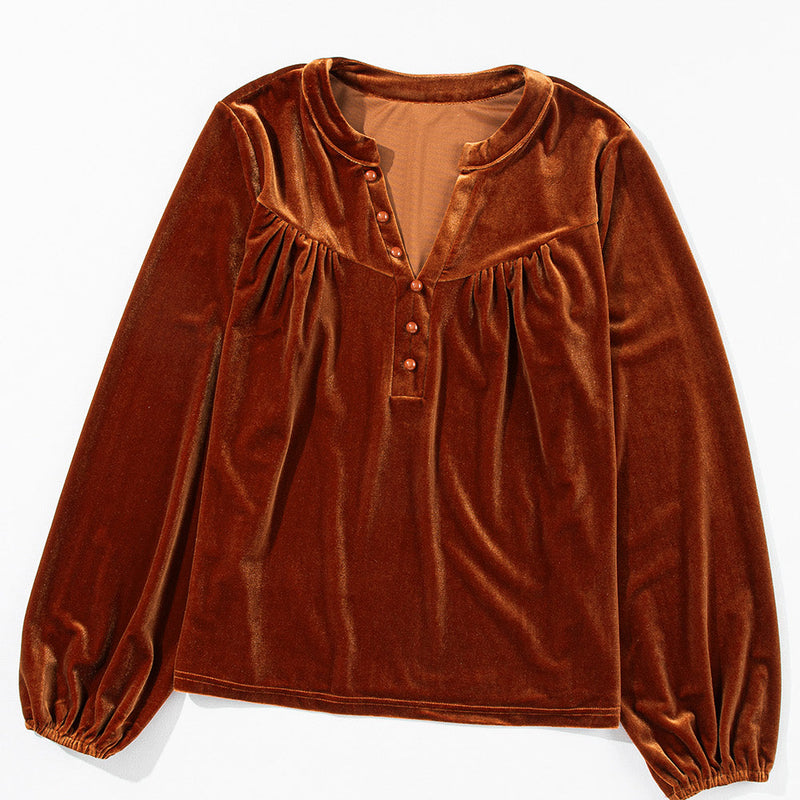Velvet Lantern Sleeve Beaded V-Neck Blouse
