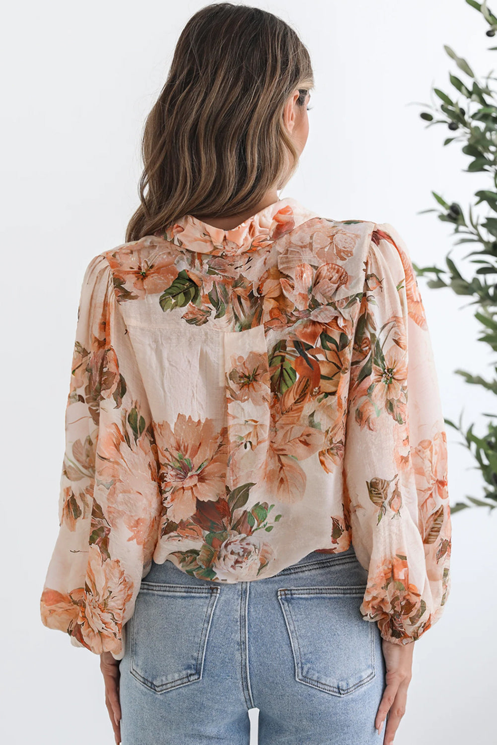 Orange Floral Puff Sleeve Polyester Lightweight Shirt