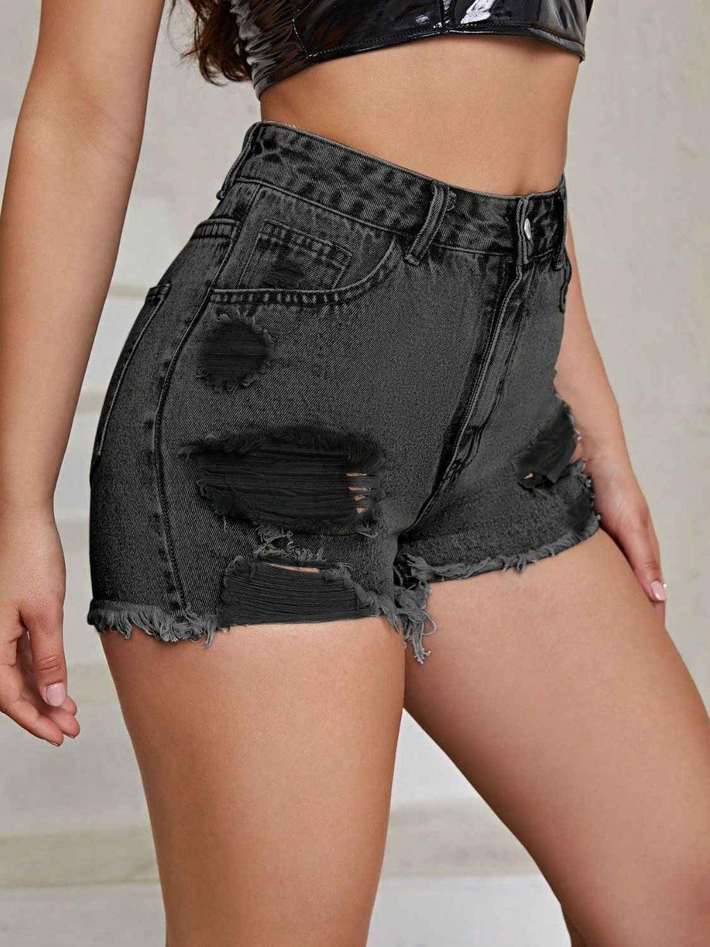 Distressed High Rise Denim Shorts with Raw Hem