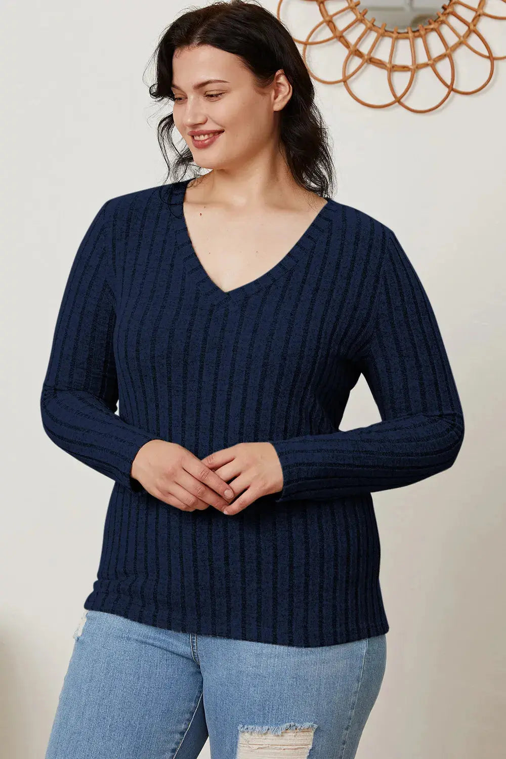 Basic Bae Full Size Ribbed V-Neck Long Sleeve T Shirt for Women