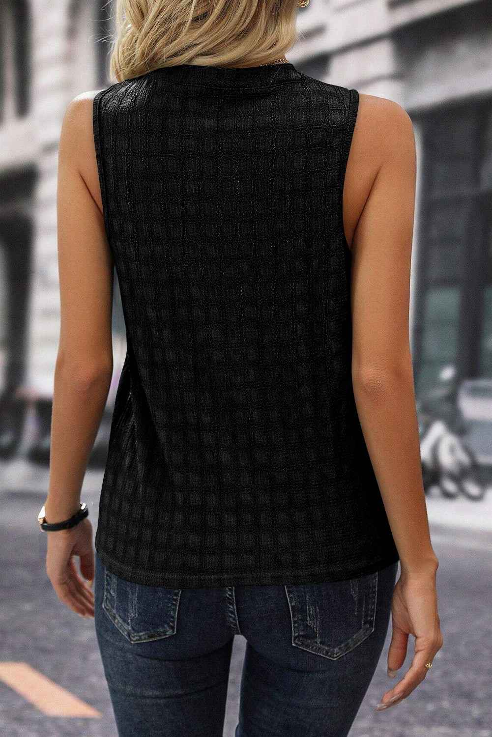 Sea Green Sleeveless Top - Textured Split V Neck Women's Shirt