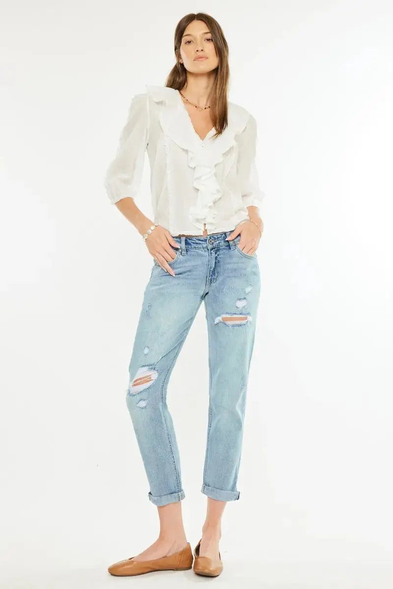 Mid Rise Distressed Kancan Boyfriend Jeans - Light Wash