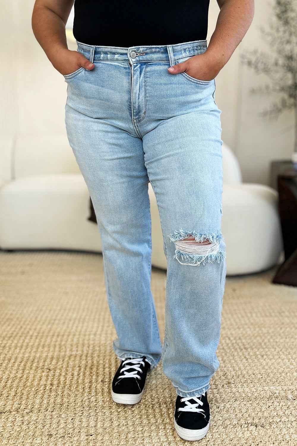 Judy Blue High Waist Distressed Jeans - Women's Jeans Full Size Straight Denim