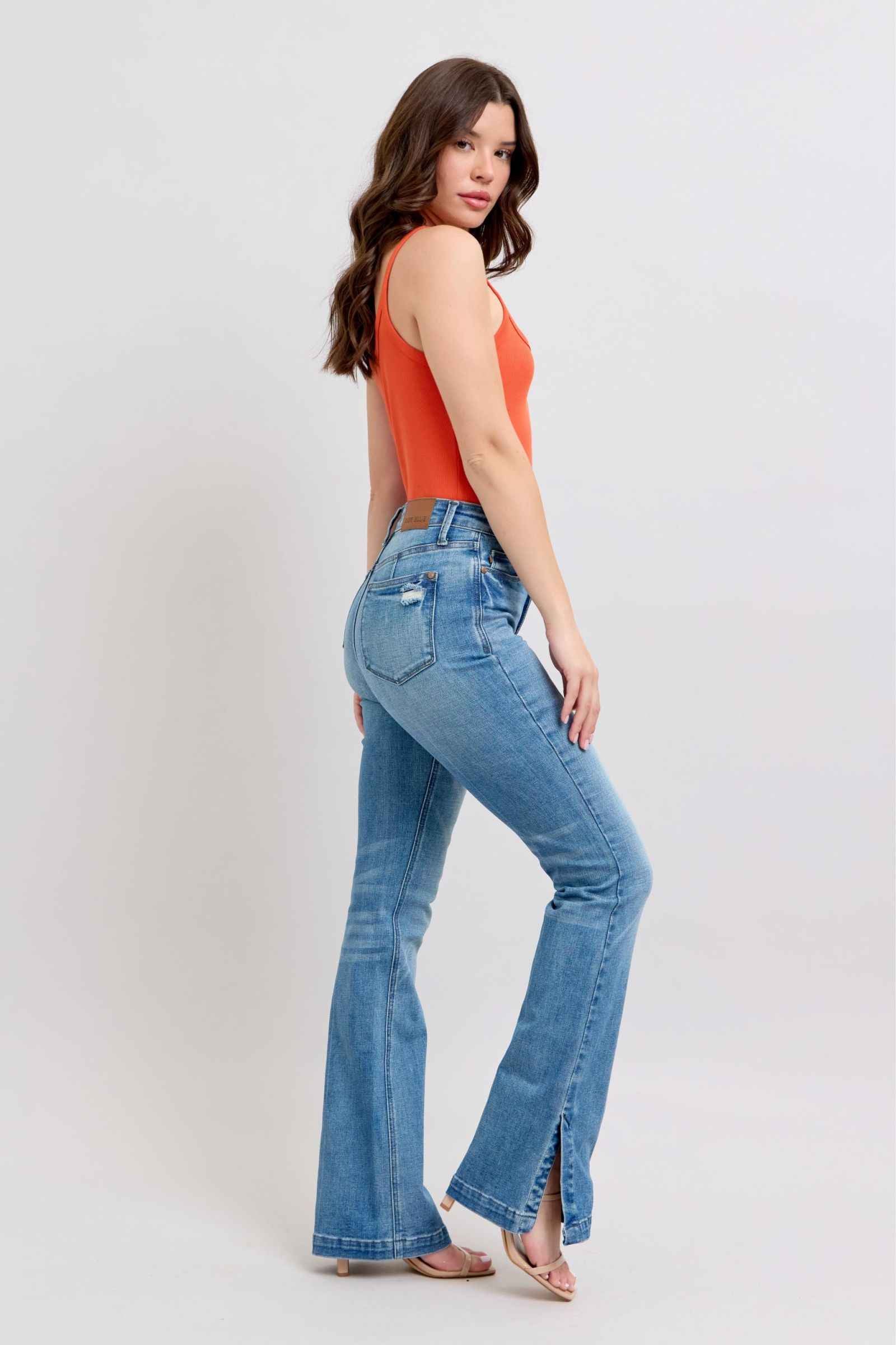Judy Blue Tummy Control Bootcut Jeans with Vintage Wash and Side Slit Women's Jeans