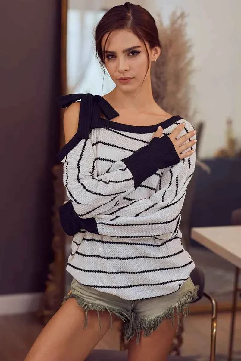 BiBi Stripe Yarn Dye Waffle One Shoulder Women's Top with Ribbon Detail