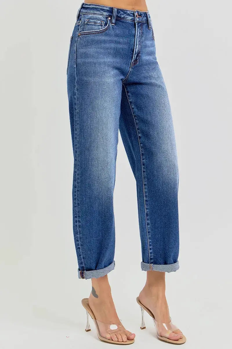 RISEN Jeans - Full/Plus Size High Rise Crop Mild Barrel Jeans