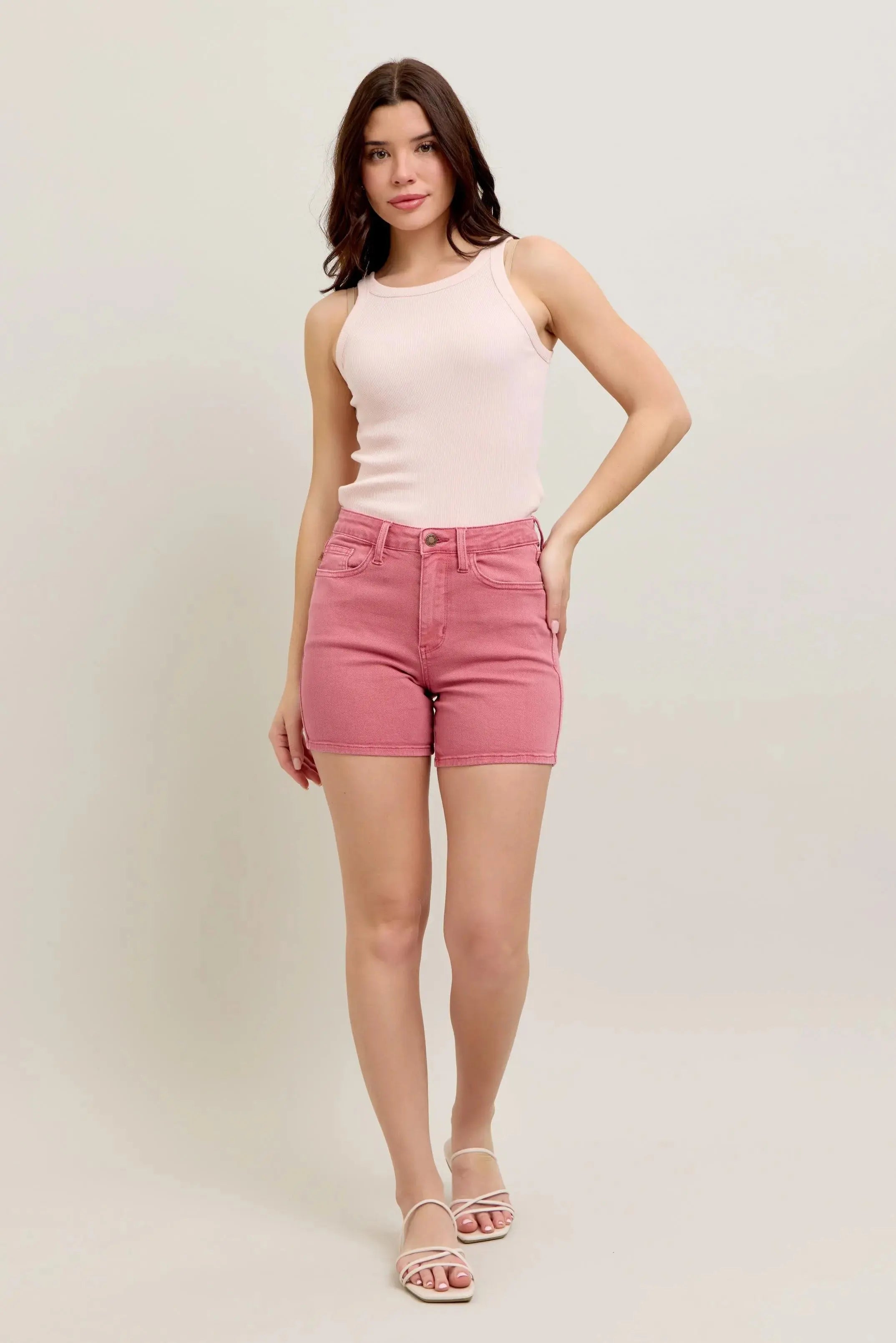 High Waist Pink Embroidered Pocket Denim Shorts by Judy Blue Jeans