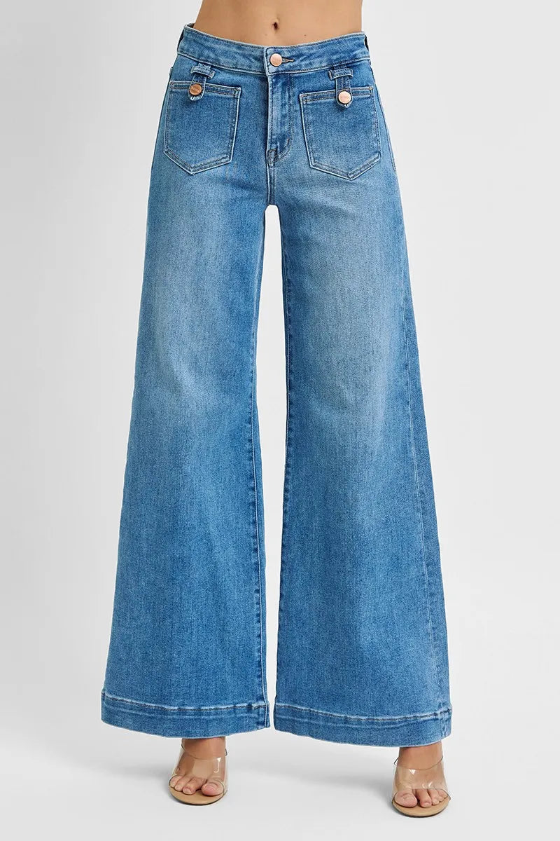 RISEN Plus Size Mid Rise Wide Leg Jeans With Patch Pockets