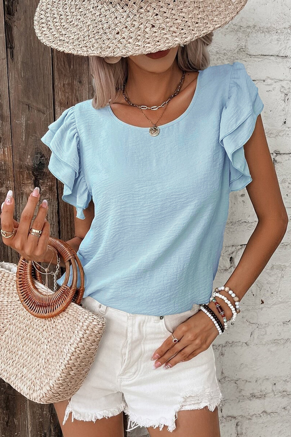 Aqua Ruffle Sleeve Blouse - Clearly Aqua Solid Color Crinkled Top